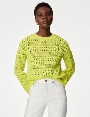 

Womens M&S Collection Cotton Blend Pointelle Crew Neck Jumper - Soft Lime, Soft Lime