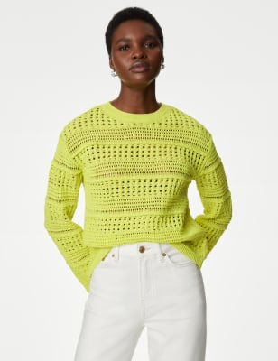 

Womens M&S Collection Cotton Blend Pointelle Crew Neck Jumper - Soft Lime, Soft Lime