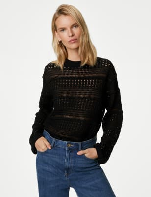 

Womens M&S Collection Pointelle-Pullover aus Baumwollmischung mit Rundhalsausschnitt - Black, Black