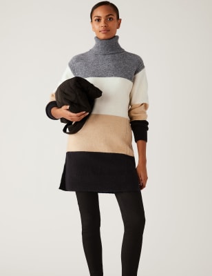 Marks And Spencer Womens M&S Collection Striped Roll Neck Longline Jumper - Oatmeal Mix, Oatmeal Mix