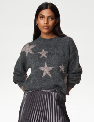 

Womens M&S Collection Recycled Blend Star Crew Neck Jumper - Dark Grey Mix, Dark Grey Mix