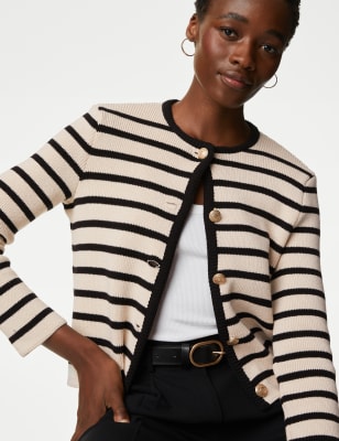 M&S Womens Cotton Rich Striped Crew Neck Cardigan - Ivory Mix, Ivory Mix