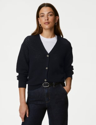 

Womens M&S Collection Strukturierte Strickjacke mit hohem Baumwollanteil und V-Ausschnitt - Navy, Navy