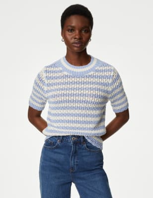 

Womens M&S Collection Cotton Rich Textured Striped Knitted Top - Medium Blue Mix, Medium Blue Mix