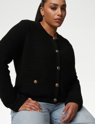 M&S Womens Cotton Blend Textured Knitted Jacket - XS - Black, Black,Ivory,Cappuccino,Navy