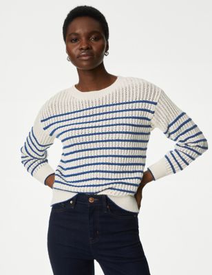 

Womens M&S Collection Cotton Rich Striped Textured Jumper - Ivory Mix, Ivory Mix