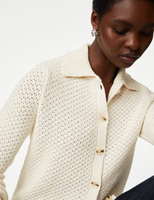 

Womens M&S Collection Strickjacke mit hohem Baumwollanteil, Kragen und Strukturmuster - Ivory, Ivory