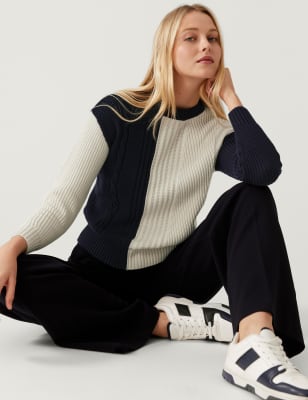 

Womens M&S Collection Cotton Rich Colour Block Textured Jumper - Navy Mix, Navy Mix