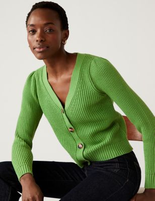 

Womens M&S Collection Cotton Rich Ribbed V-Neck Relaxed Cardigan - Emerald, Emerald