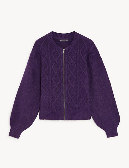Cable Knit Crew Neck Bomber Cardigan