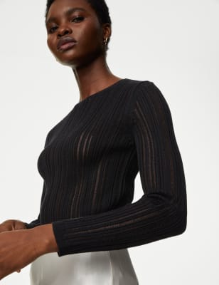

Womens M&S Collection Cotton Blend Textured Crew Neck Jumper - Black, Black