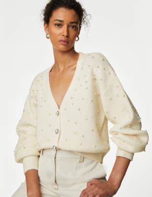 

Womens M&S Collection Embellished V-Neck Button Front Cardigan - Ivory, Ivory