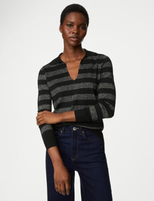 

Womens M&S Collection Striped Sparkly Collared Knitted Top - Black Mix, Black Mix