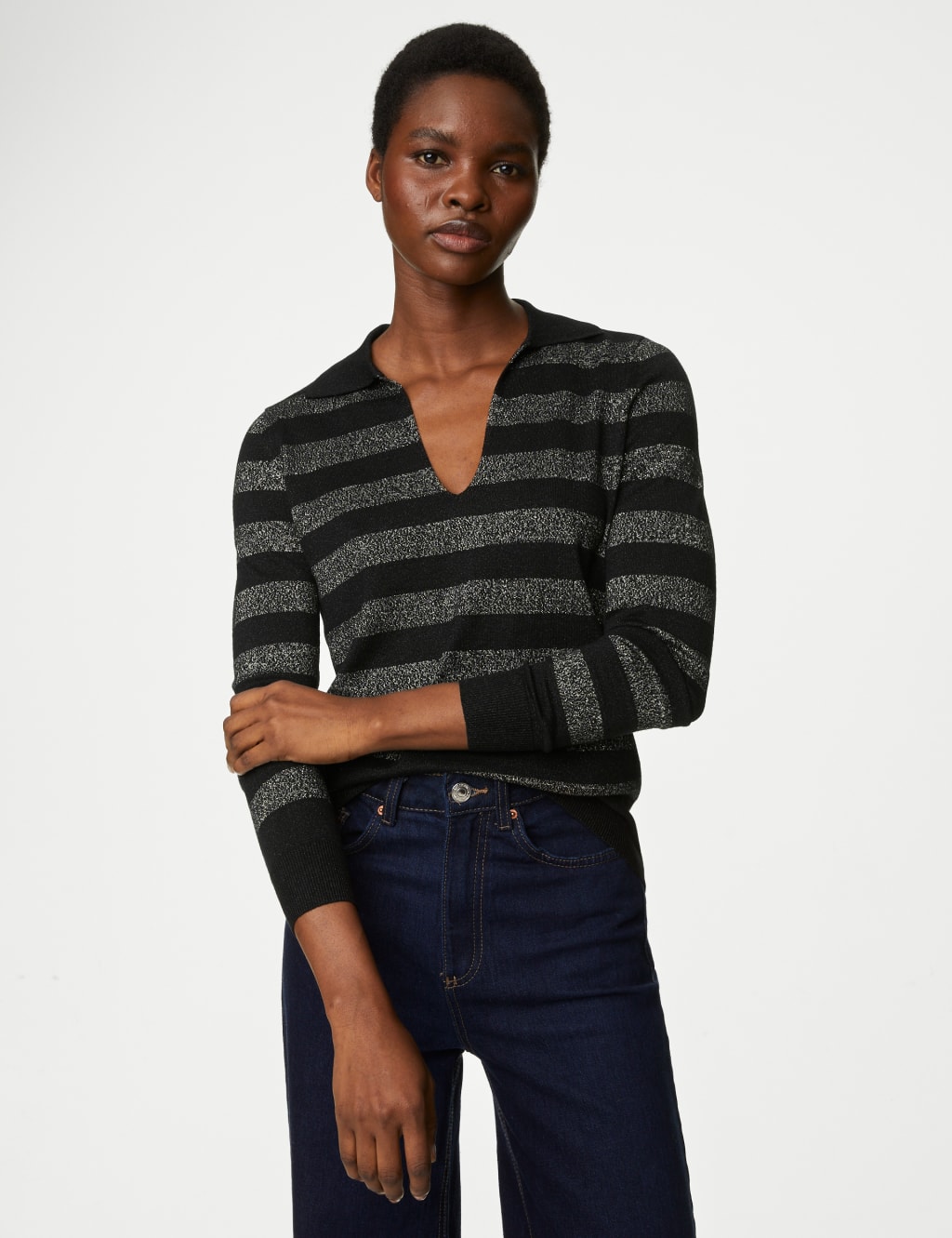 Striped Sparkly Collared Knitted Top image 1