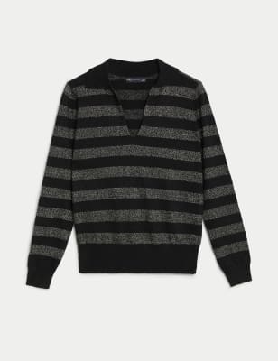 Striped Sparkly Collared Knitted Top