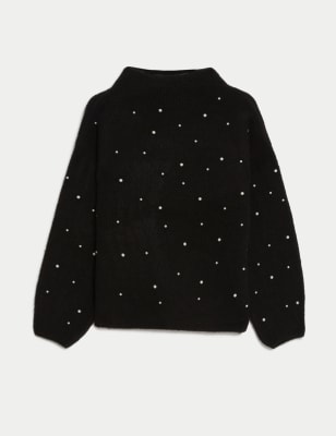 Embellished Ribbed Funnel Neck Jumper