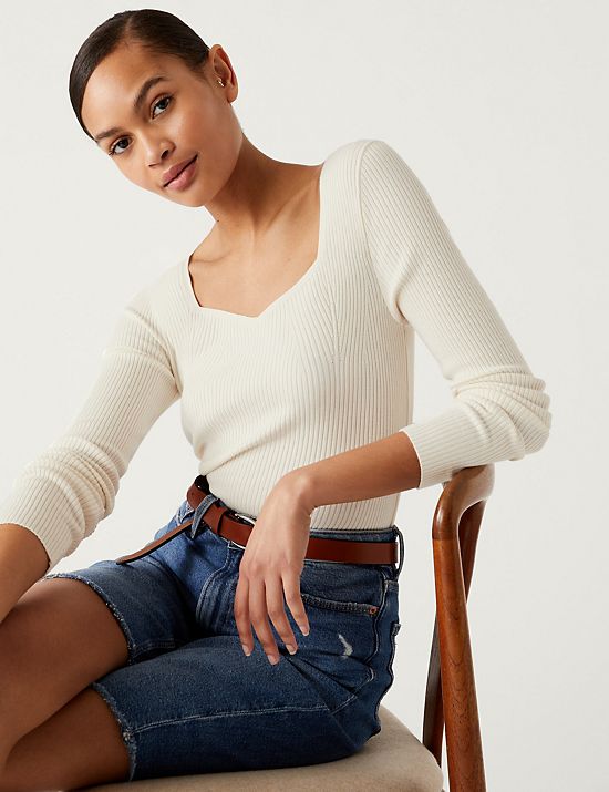 Ribbed Sweetheart Neck Jumper