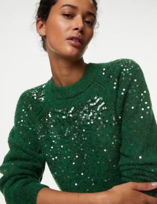 

Womens M&S Collection Sequin Crew Neck Jumper - Hunter Green, Hunter Green