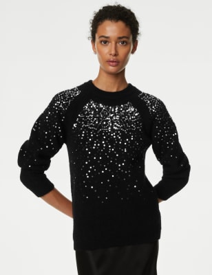 

Womens M&S Collection Pullover mit Rundhalsausschnitt und Pailletten - Black, Black