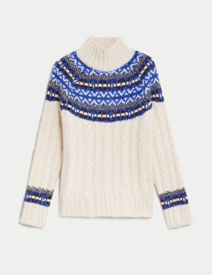 Fair Isle Cable Knit Funnel Neck Jumper
