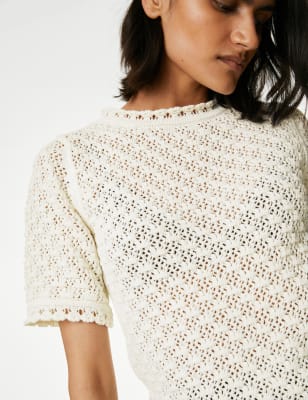 

Womens M&S Collection Strickoberteil aus Baumwollmischgewebe mit Rundhalsausschnitt und Strukturmuster - Ivory, Ivory