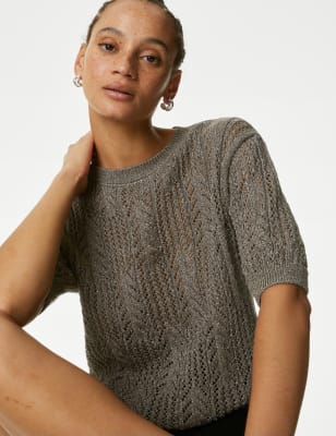 

Womens M&S Collection Glitzerndes Pointelle-Strickoberteil aus Baumwollmischgewebe - Grey, Grey