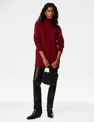 

Womens M&S Collection Cable Knit Roll Neck Longline Jumper - Lipstick, Lipstick