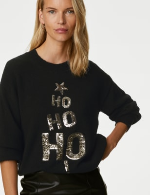 

Womens M&S Collection Sequin Slogan Crew Neck Jumper - Black Mix, Black Mix