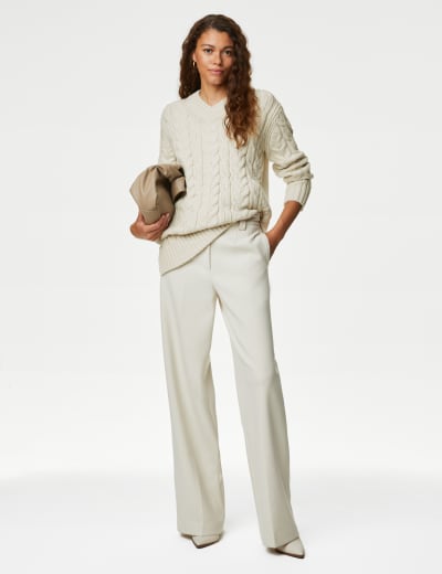 Cable Knit V-Neck Longline Jumper