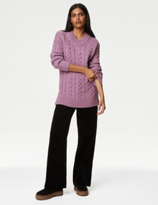 

Womens M&S Collection Cable Knit V-Neck Longline Jumper - Medium Violet, Medium Violet