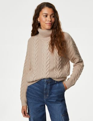

Womens M&S Collection Recycled Blend Cable Knit Roll Neck Jumper - Cappuccino, Cappuccino