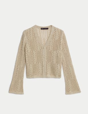 

Womens M&S Collection Glitzernde Strickjacke aus Baumwollmischung mit V-Ausschnitt - Cream, Cream