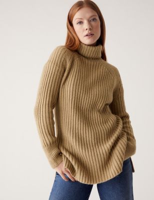 

Womens M&S Collection Ribbed Sparkly Roll Neck Longline Jumper - Camel, Camel