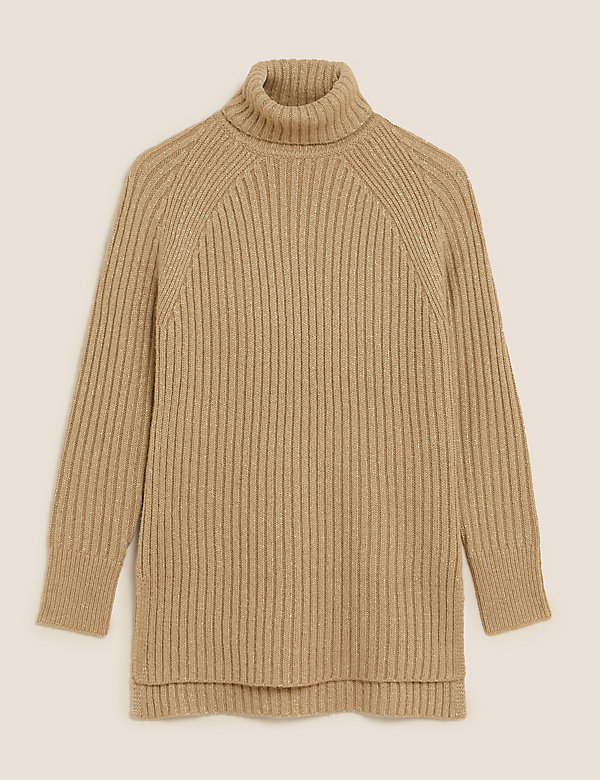Ribbed Sparkly Roll Neck Longline Jumper - UY