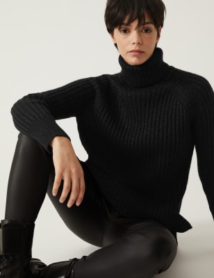 

Womens M&S Collection Ribbed Sparkly Roll Neck Longline Jumper - Black, Black