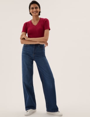 

M&S Collection Top de punto acanalado de escote en pico y detalle de encajeWomens - Cerise, Cerise