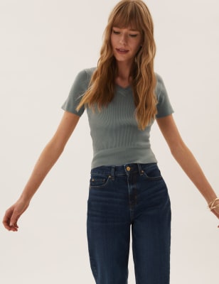 

M&S Collection Top de punto acanalado de escote en pico y detalle de encajeWomens - Onyx, Onyx