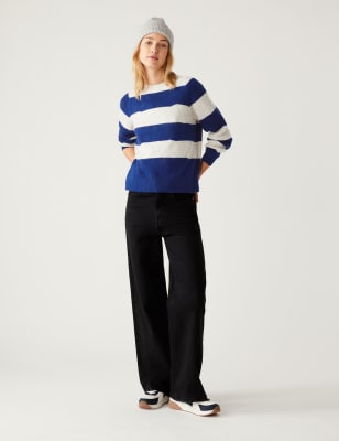 

Womens M&S Collection Pullover aus recyceltem Mischmaterial mit Streifen- und Rippenmuster - Blue Mix, Blue Mix