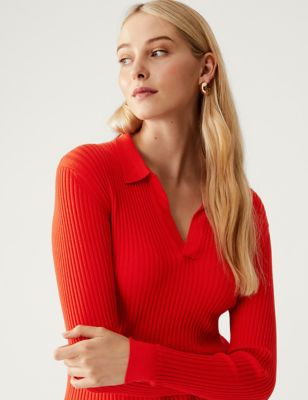 

Womens M&S Collection Ribbed Collared V-Neck Jumper - Flame, Flame