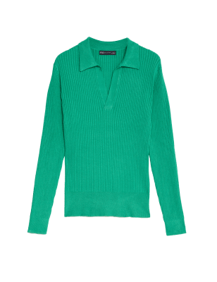 

M&S Collection Jersey acanalado con cuello de escote en picoWomens - Green, Green