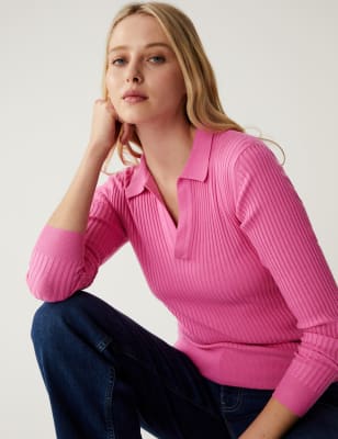 

Womens M&S Collection Ribbed Collared V-Neck Jumper - Blossom, Blossom