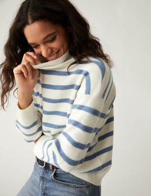 

Womens M&S Collection Recycled Blend Striped Funnel Neck Jumper - Ivory Mix, Ivory Mix