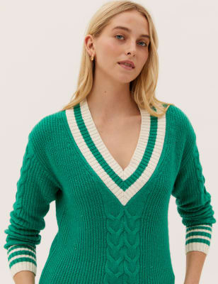 Cotton Rich Cable Knit V-Neck Jumper