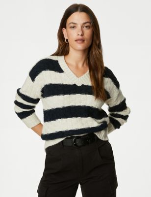 

Womens M&S Collection Recycled Blend Striped V-Neck Jumper - Ivory Mix, Ivory Mix