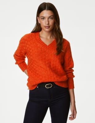 

Womens M&S Collection Recycled Blend Textured V-Neck Jumper - Bright Orange, Bright Orange