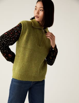 Ribbed Funnel Neck Relaxed Knitted Vest