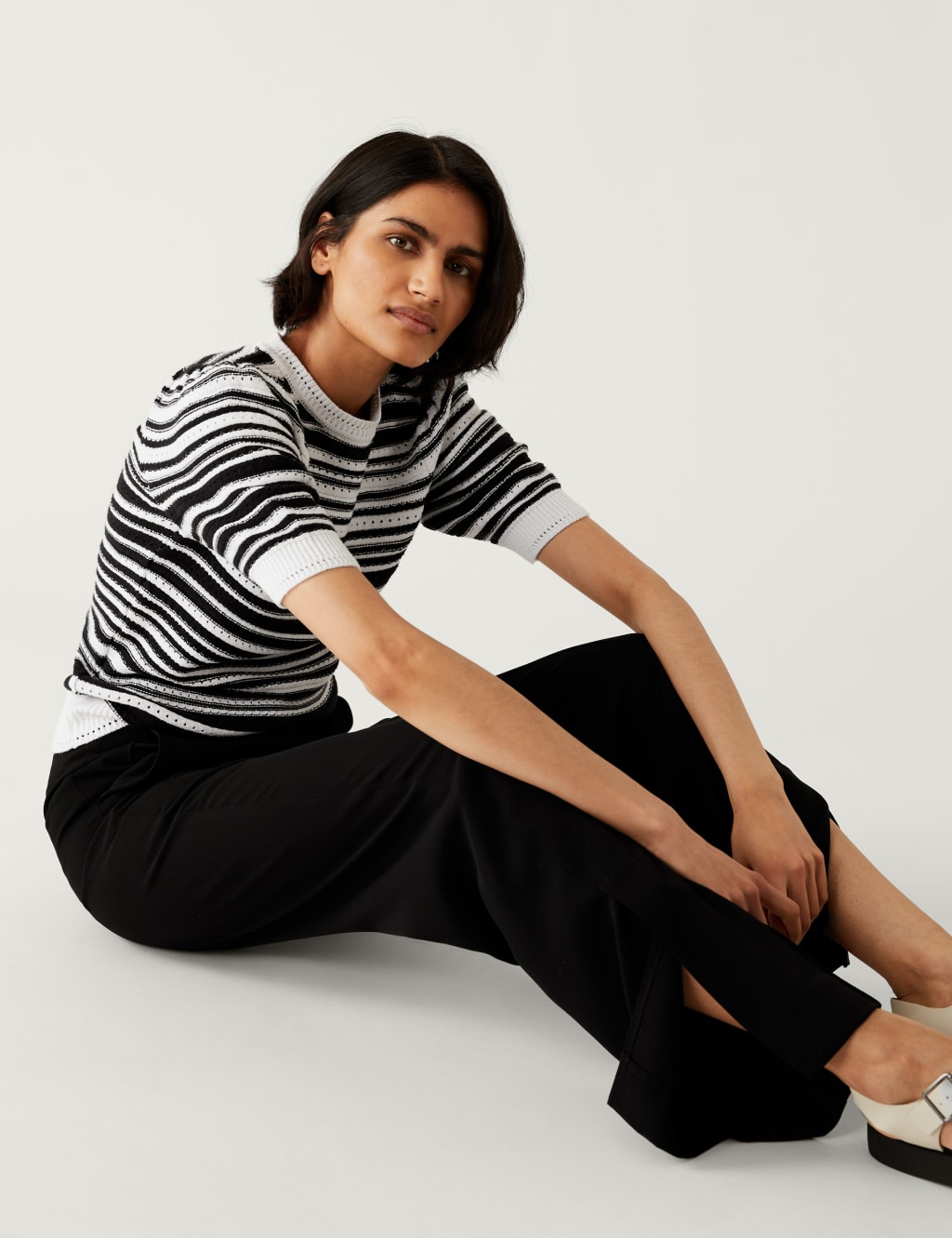 Cotton Rich Striped Crew Neck Knitted Top image 1