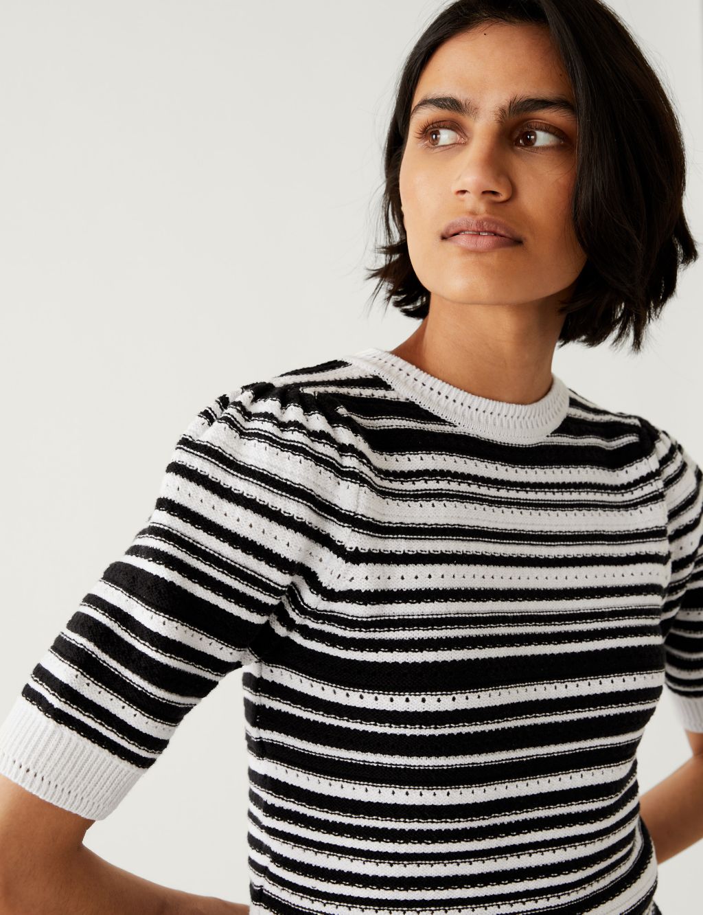 Cotton Rich Striped Crew Neck Knitted Top image 2