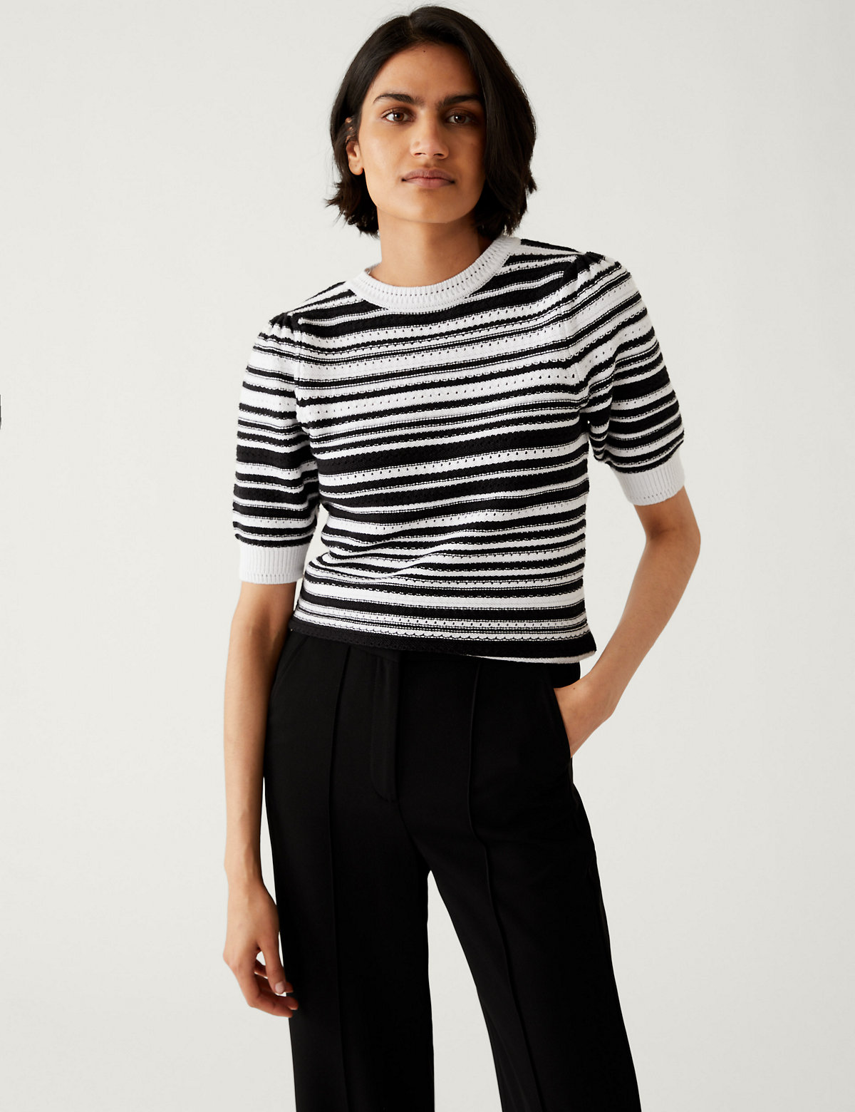 Cotton Rich Striped Crew Neck Knitted Top