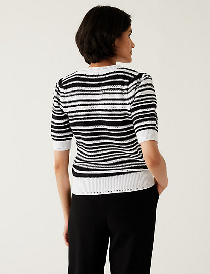 Cotton Rich Striped Crew Neck Knitted Top